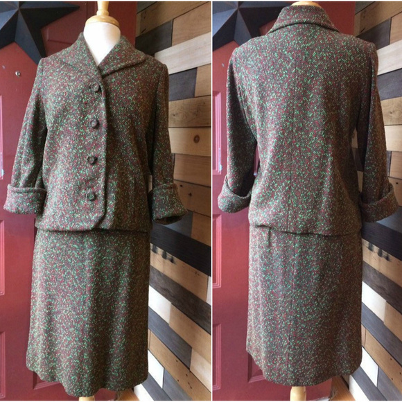 Vintage 2 PC. Tweed Suit, Red, Green, Black - Picture 1 of 8
